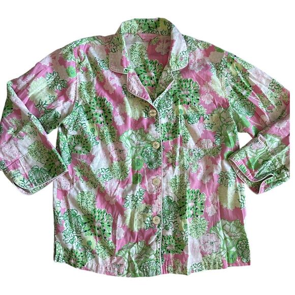 Lilly Pulitzer RARE Pick of The Bunch Sateen Pajama Set Green Pink Size Medium - Picture 4 of 10